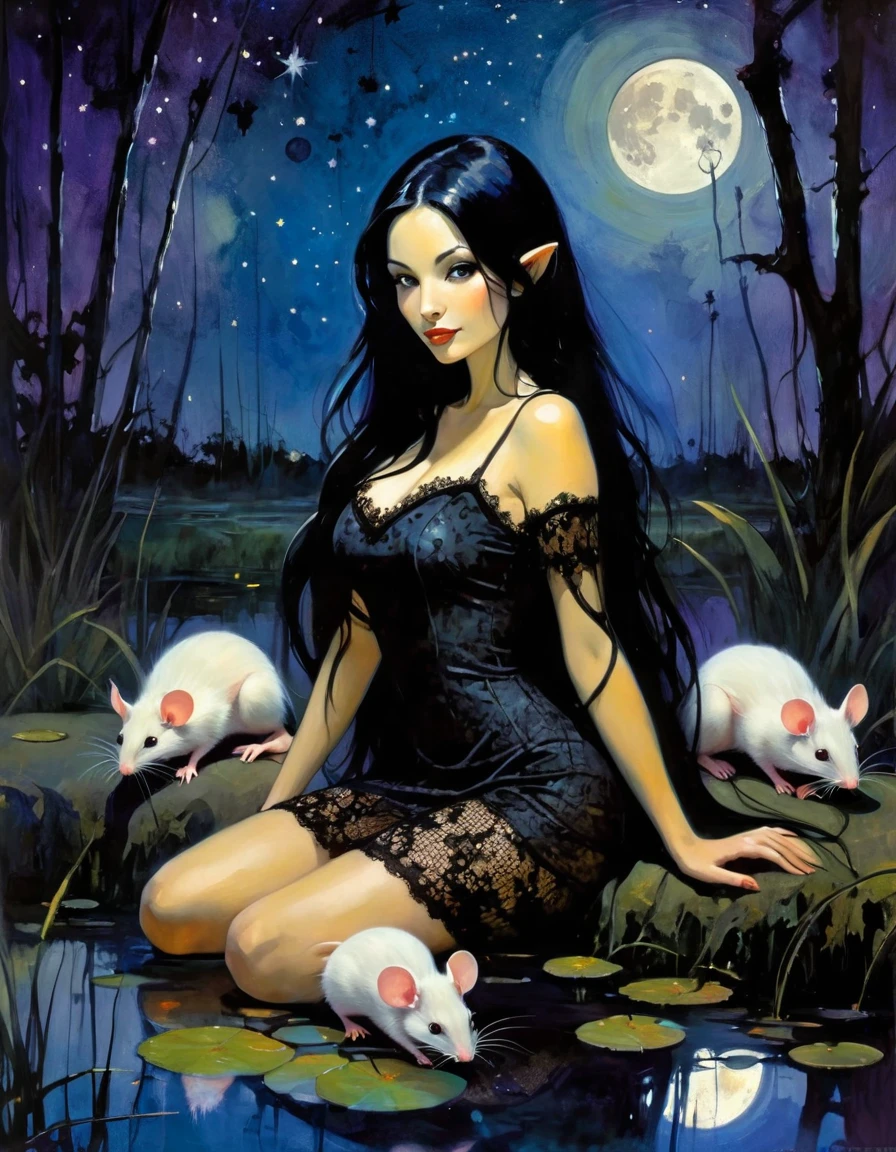 Very attractive girl with long black hair, rests by a dark swamp, with two mice next to her, friendly, magical, fantastic mice, sexy black lace dress, night sky, moon, stars, background (art inspired by Bill Sienkiewicz ). oil painting)
