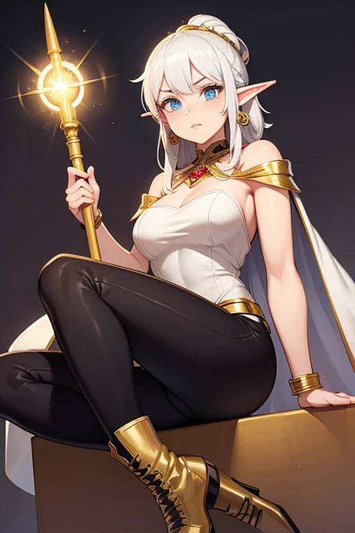 Make the Frieren, an elf mage, silver hair and blue eyes, she wears a white toga with gold bars, on the shoulders there is a kind of cape in the colors of the toga, make her wear black pants, and brown leather boots, She ties her hair on both sides of her head, and has red earrings, frieren has a golden scepter with red jewels at the tip and is a 1 elf.,50m