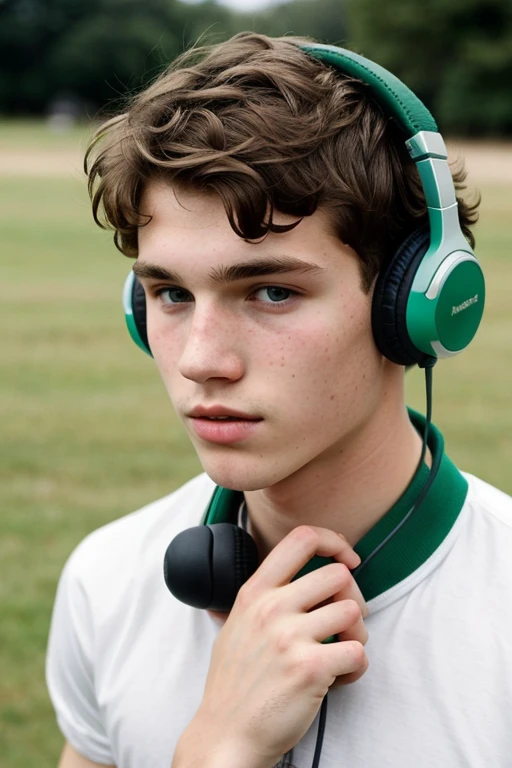 A 16 year old white boy with a sharp jaw and some freckles with slightly short hair......, Slightly messy wavy hair and green eyes....... Height of 1.85 with a classic style, with a seductive look with headphones, more seductive