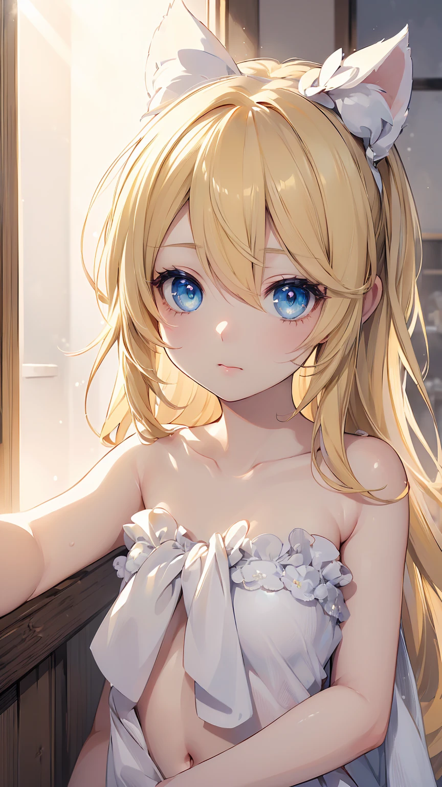 ((masterpiece)), (((best quality))), ((ultra-detailed)), ((illustration)), ((disheveled hair)), Kagamine Rin, ((beautiful eyes)), towel, (((beautiful light))), 