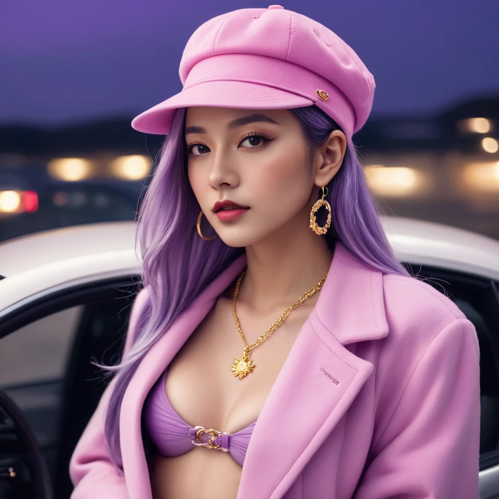 An scenary of fancy cars in a dark starred night. A woman with long lavender purple hair. She accessorizes with gold hoop earrings and a lavender-colored necklace, she also has a Magenta hat. She wears an open fluffy pink jacket and a pink bra as well as a pink choker. She also wears a belt with a gold ring and has golden bracelets on her left hand.