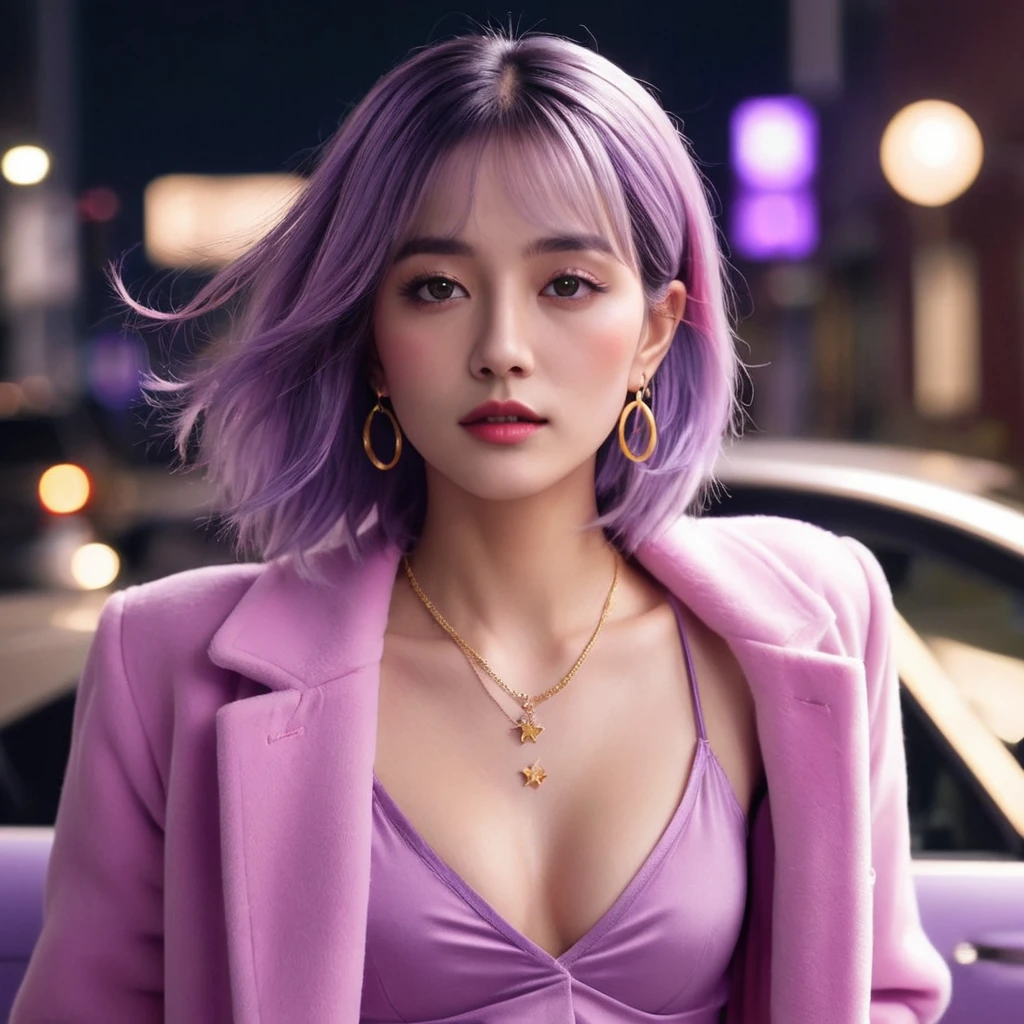 An scenary of fancy cars in a dark starred night. A woman with long lavender purple hair. She accessorizes with gold hoop earrings and a lavender-colored necklace, she also has a Magenta hat. She wears an open fluffy pink jacket and a pink bra as well as a pink choker. She also wears a belt with a gold ring and has golden bracelets on her left hand.