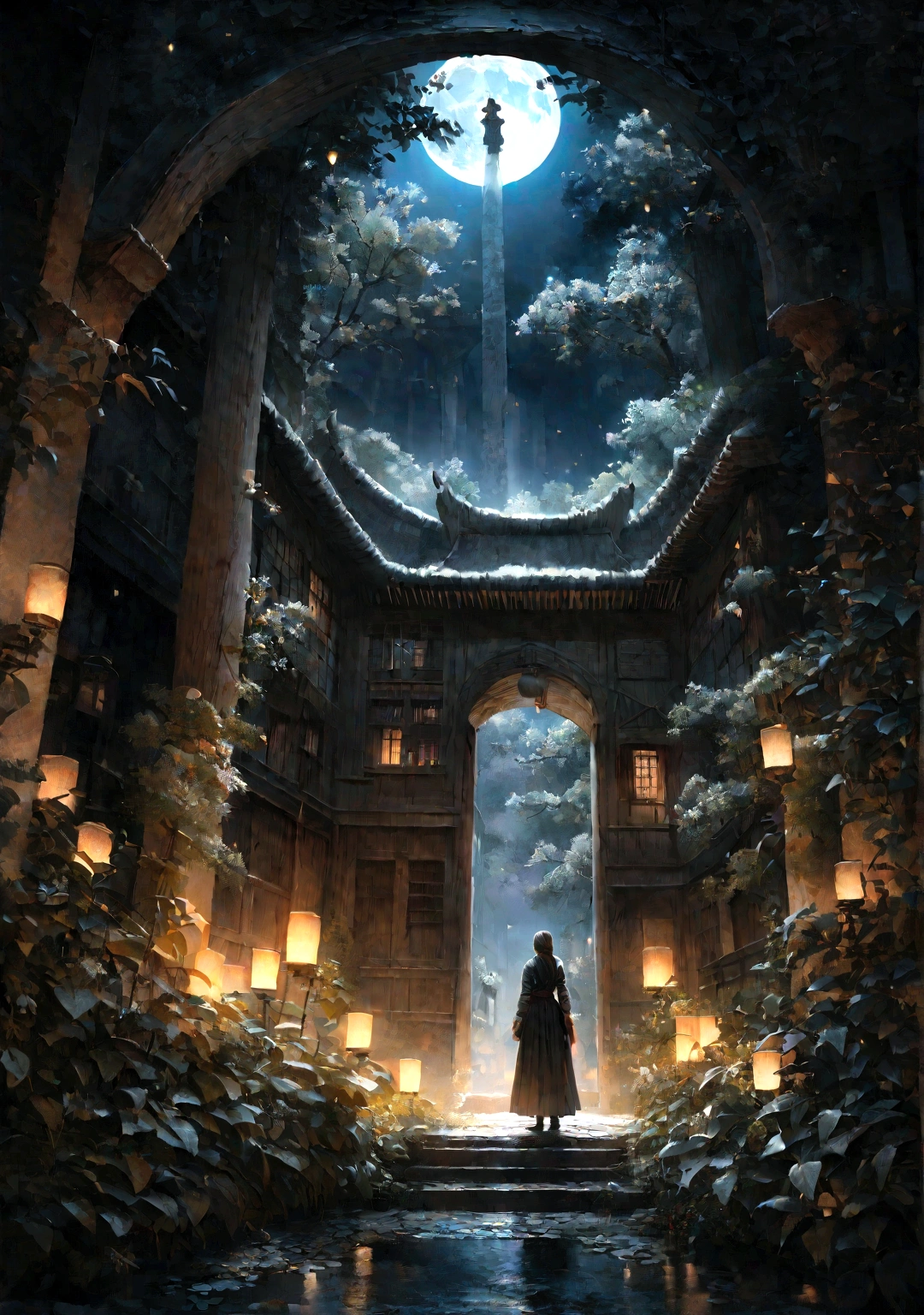 (Highest quality,4K,High resolution,Super detailed,Realistic:1.2),Vivid moonlit night, A lone figure in the west tower,A beautiful and pure sight,Hook-like moon,In the fall、A solitary paulownia tree surrounds a secluded courtyard,Capturing the tranquility of the season,The beauty of the moonlight is unimaginable,A cold wind passes by,Moonlight shining through the branches,Mysterious and tranquil atmosphere,The gentle and delicate moonlight illuminates the figure's face.,Subtle shadows and highlights,Reflect the emotions of the person,Heartbreaking Sadness,Elusive and complex emotions,Pure and deep beauty in the heart.