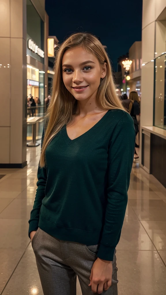 Lily Bowman), posing, modeling, with navy casual outfit design, full body, mall, in the night, sexy smile, best quality, blur night background with Green Eyes, , Ultra Realistic, Meticulously Detailed, Portrait, Blonde Hair and Big Eyes, Selfie of a Young Woman, Green Eyes, No Makeup, Natural Makeup, Looking Directly at the Camera, face artgram, subtle make-up, Impressive photo, stand, with sexy smile, Medium and large size chest, allowing the face to be seen clearly, mall, night