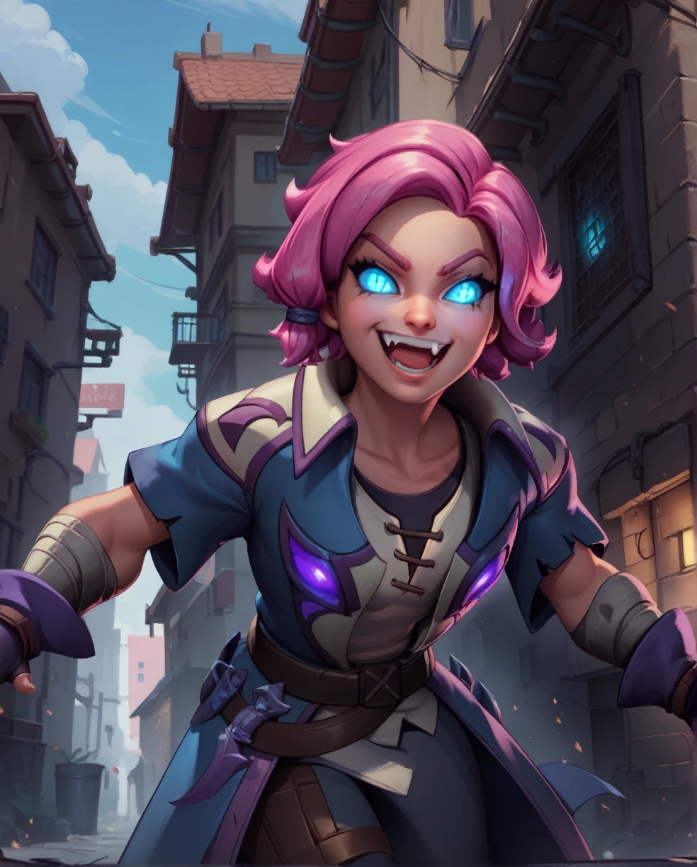 score_9,score_8_up,score_7_up,
maeve,solo.short pink hair with a hair knot,blue slit pupils,blue eyes,glowing eyes,
belt,fingerless gloves,shirt,coat,short sleeves,smile,grin,
rooftop,fantasy,leaning forward,fang,open mouth,
nigh,outside,alley,in the shadows,