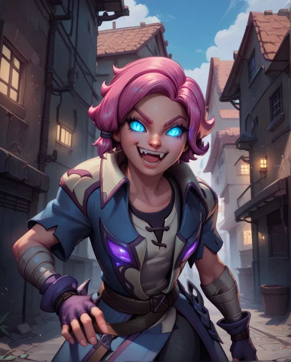 score_9,score_8_up,score_7_up,
maeve,solo.short pink hair with a hair knot,blue slit pupils,blue eyes,glowing eyes,
belt,fingerless gloves,shirt,coat,short sleeves,smile,grin,
rooftop,fantasy,leaning forward,fang,open mouth,
nigh,outside,alley,in the shadows,
