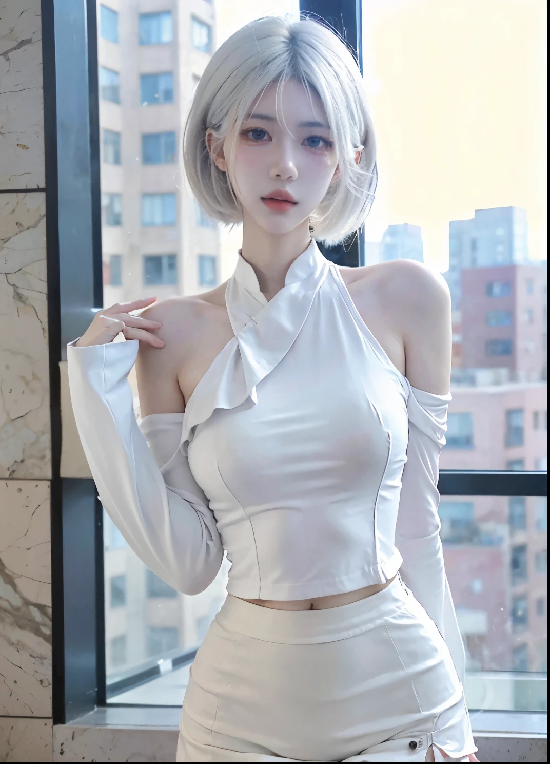 Beautiful woman with perfect figure:1.4,Ultra-high resolution,White background,(Realism:1.4),Layered hairstyle,White skin,JK:1.5,Super short pleated skirt,whole body:1.4,Very delicate and skin texture,Double eyelids,Skin Whitening,Long hair,White hair