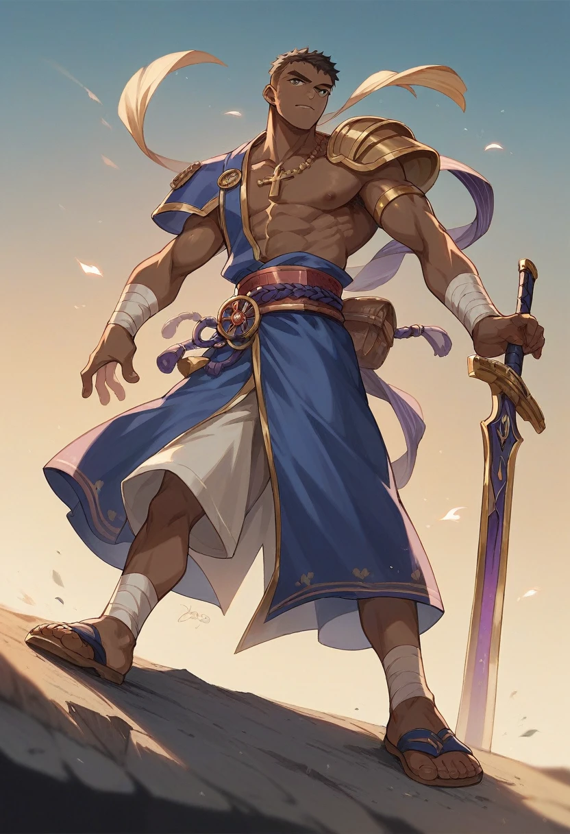 African male god, Ogun, comely, young warrior with iron sword, blue skirt, Perfect Anatomia, at night, 真实感, realperson