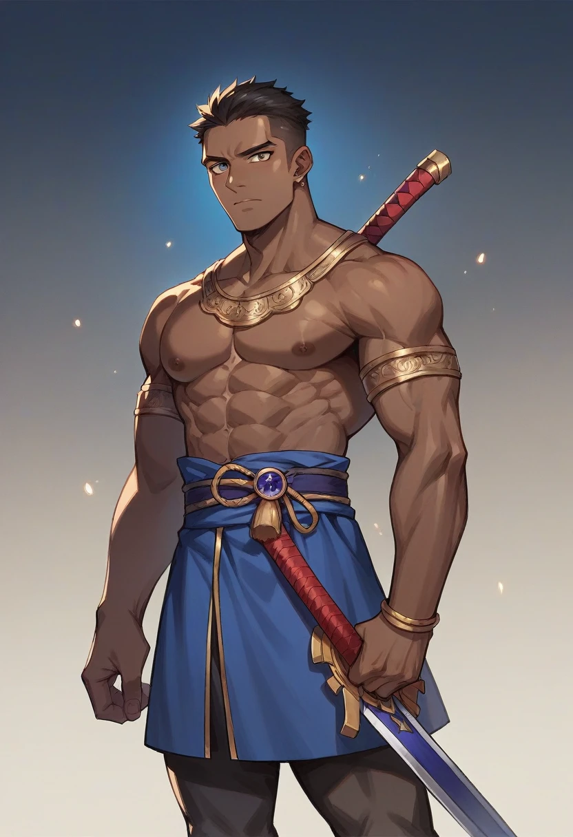 African male god, Ogun, comely, young warrior with iron sword, blue skirt, Perfect Anatomia, at night, 真实感, realperson
