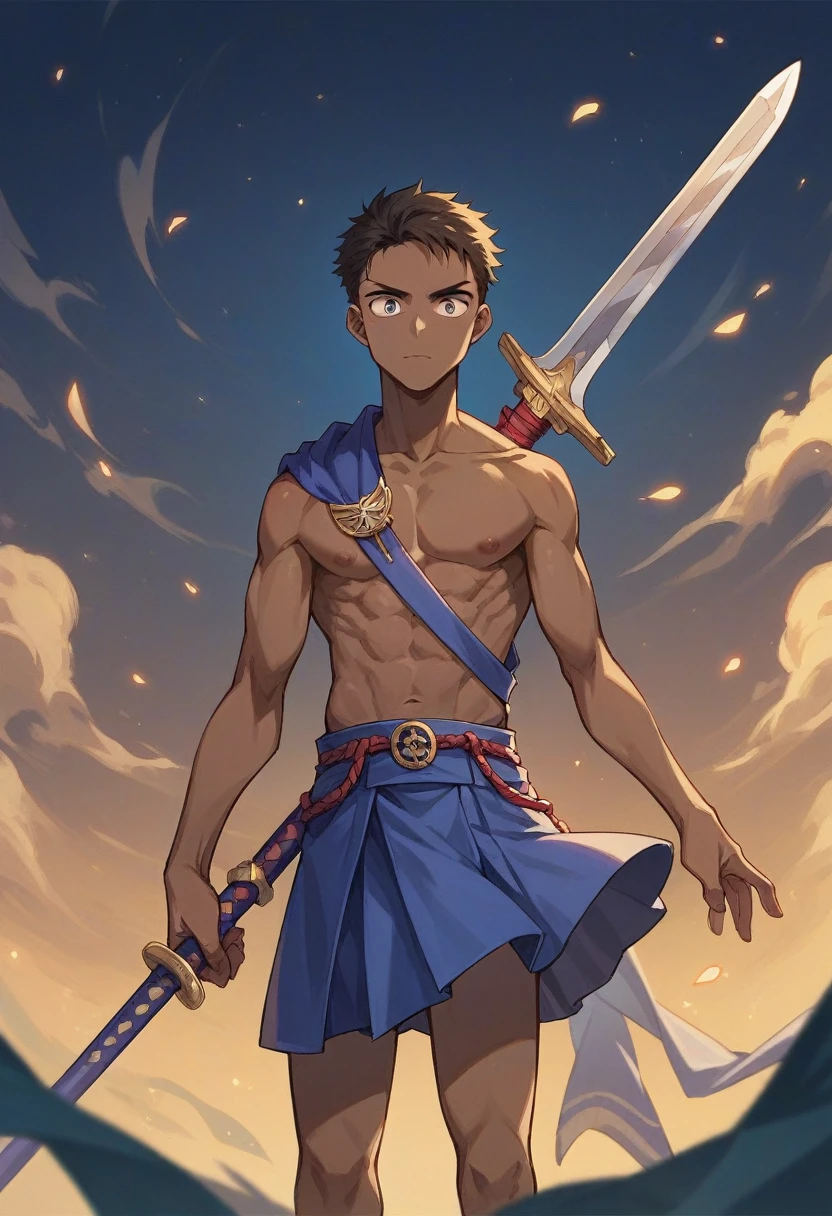 African male god, Ogun, comely, young warrior with iron sword, blue skirt, Perfect Anatomia, at night, 真实感, realperson