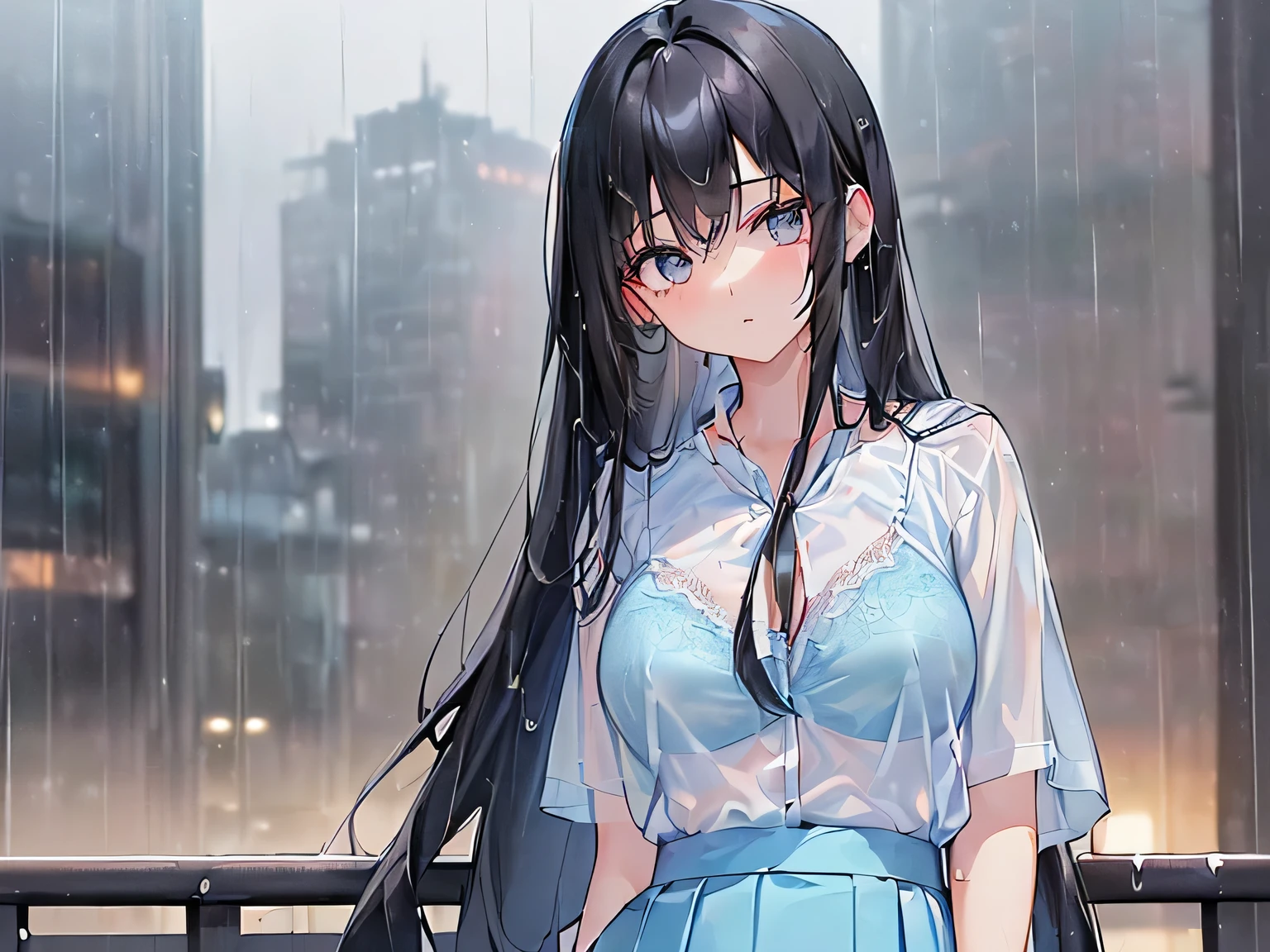 (masterpiece、Highest quality、High resolution、Realistic photo、Real looking skin:1.1)、
(The woman's clothes are wet and transparent from the rain.、I can see the light blue bra:1.8)、
(Please provide a close-up of the upper body.:1.8)、
(standing:1.5)、
(Confused expression:1.5)、
(She is wearing a white short-sleeved blouse that is worn with casual clothes.:1.8)、
(She is wearing a long blue skirt:1.5)、
(I wear pumps on my bare feet:1.5)、
(The bra is light blue:1.8)、
(I have long black hair:1.5)、
(She is 25 years old:1.5)、
(She is good-looking enough to be a receptionist.:1.5)、
(The location was a pedestrian deck in a rainy downtown area.:1.5)、
1 Japanese Girl、solo、Full Body Esbian、Beautiful Eyes、Shining Eyes、Shining thighs、NSFW
