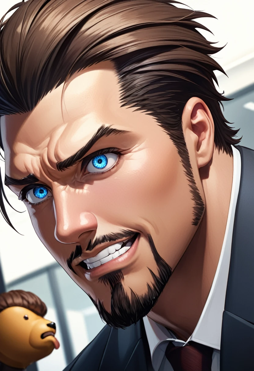 detailed illustration (side view),dynamic angle, ultra-detailed, detailed eyes, detailed face, 1boy, dark brown hair, sharp hair, crisp hair, goatee, smirk, suit coat, office room, close up, profile, arrogant, cocky, cruel, dark blue eyes, detailed eyes