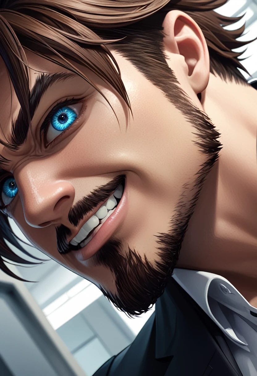 detailed illustration (side view),dynamic angle, ultra-detailed, detailed eyes, detailed face, 1boy, dark brown hair, sharp hair, crisp hair, goatee, smirk, suit coat, office room, close up, profile, arrogant, cocky, cruel, dark blue eyes, detailed eyes