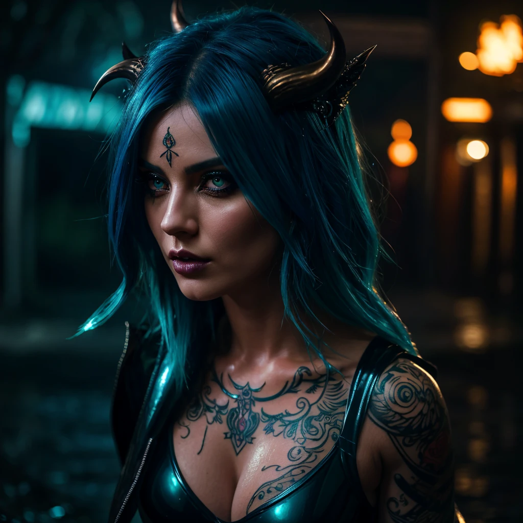 1 milf, blue hair, beautiful eyes, appetizing sexy body, bioluminescent horns, latex skin-tight bodysuit, enormous protruding breasts, seductive pose, outdoor, rain, (best quality,4k,8k,highres,masterpiece:1.2),ultra-detailed,(realistic,photorealistic,photo-realistic:1.37),extremely detailed eyes and face, longeyelashes, detailed face, detailed tattoo, detailed jewelry, dramatic lighting, moody atmosphere, vibrant colors, lush environment