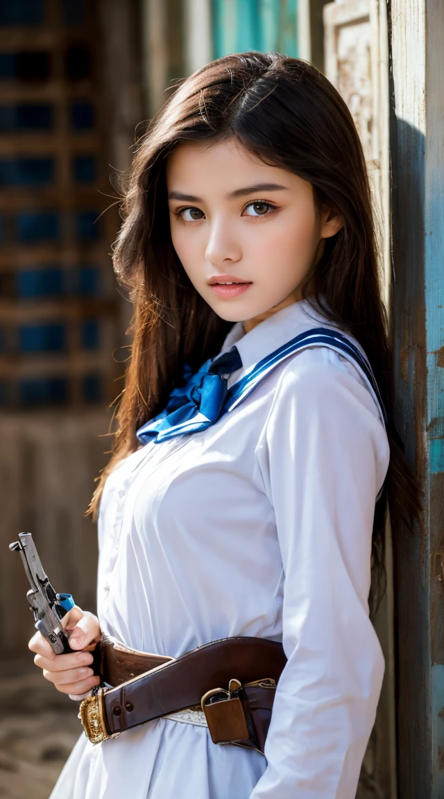 Tabletop, Highest quality, 1 Girl,Cowboy Shot, Delicate eyes, uniform, , orgasm, Kalashnikov_rifle, assault_rifle, Holding_gun