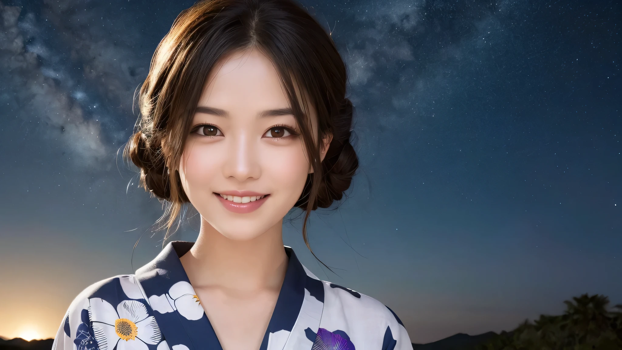 (1women), Updo hairstyle, (round eyes:1.2), (highly detailed face), (extremely detailed beautiful face), (smile happily), (floral pattern yukata), (Best Quality:1.4), (Ultra-detailed), extremely detailed CG unified 8k wallpaper, Realistic portrait, Beautiful detailed, High-definition raw color photos, professional photography, night sky, beautiful milky way, (fine face:1.2), focus on women, tanabata, 