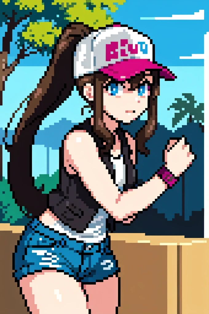 thick outlines, comics, photorealistic, perfect hands, masterpiece:1.2, colorful, 1girl, solo, dynamic pose, hilda, long hair, sidelocks, high ponytail, ponytail, blue eyes, brown hair, hilda, long hair, hat, baseball cap, looking at viewer, sidelocks, high ponytail, shorts, ponytail, denim shorts, denim, short shorts, vest, shirt, wristband, sleeveless, white shirt, black vest, sleeveless shirt, town near a forest, detailed face, detailed eyes,