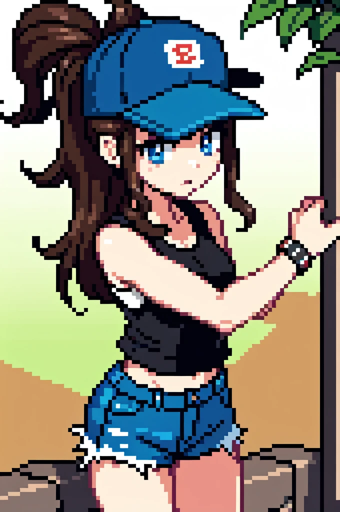 thick outlines, comics, photorealistic, perfect hands, masterpiece:1.2, colorful, 1girl, solo, dynamic pose, hilda, long hair, sidelocks, high ponytail, ponytail, blue eyes, brown hair, hilda, long hair, hat, baseball cap, looking at viewer, sidelocks, high ponytail, shorts, ponytail, denim shorts, denim, short shorts, vest, shirt, wristband, sleeveless, white shirt, black vest, sleeveless shirt, town near a forest, detailed face, detailed eyes, 