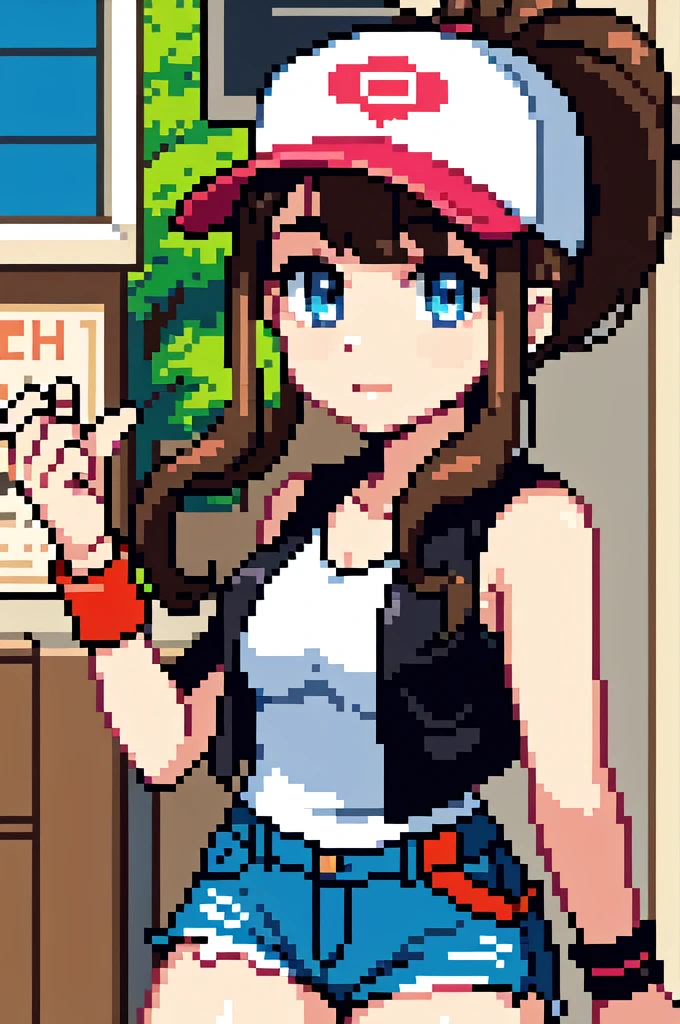 thick outlines, comics, photorealistic, perfect hands, masterpiece:1.2, colorful, 1girl, solo, dynamic pose, hilda, long hair, sidelocks, high ponytail, ponytail, blue eyes, brown hair, hilda, long hair, hat, baseball cap, looking at viewer, sidelocks, high ponytail, shorts, ponytail, denim shorts, denim, short shorts, vest, shirt, wristband, sleeveless, white shirt, black vest, sleeveless shirt, town near a forest, detailed face, detailed eyes,