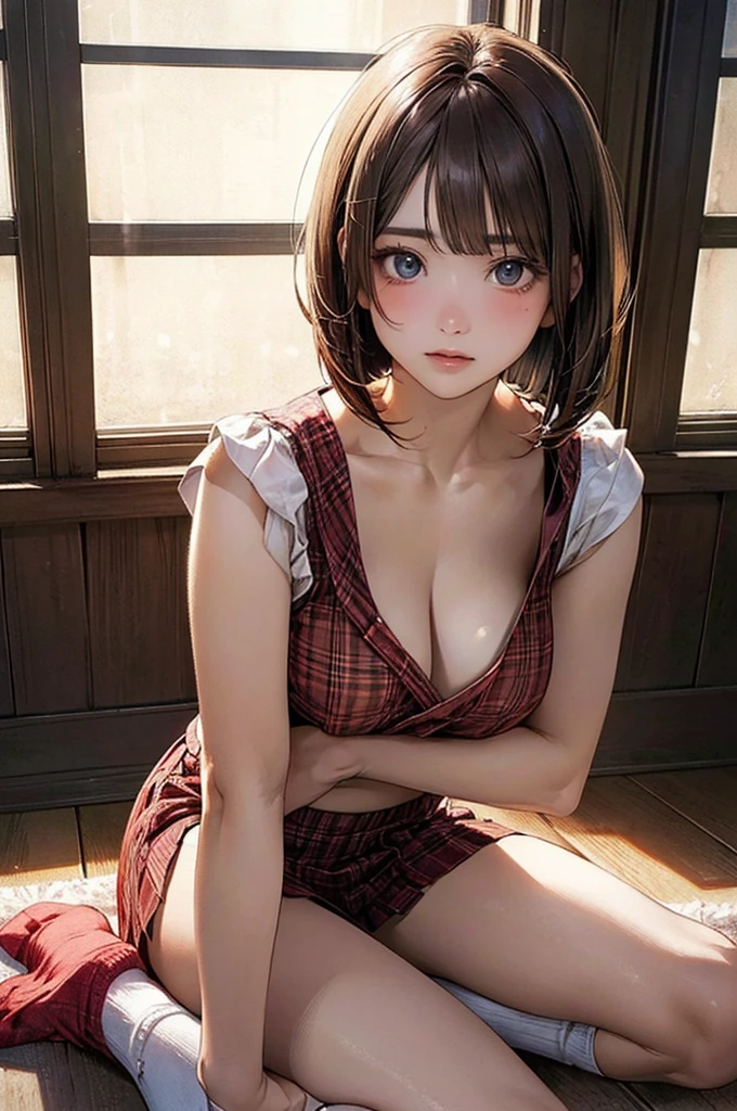 (masterpiece:1.2, top-quality), (realistic, photorealistic:1.4), beautiful illustration, (natural side lighting, movie lighting),
looking at viewer, cowboy shot, front view, close-up:1.5, 1 girl, solo, japanese, high school girl, perfect face, cute and symmetrical face, shiny skin,
(short hair:1.2, bob cut:1.2, light brown hair), hairline, asymmetrical bangs, blue eyes, long eyelasher, (large breasts:0.9, thick thighs),
beautiful hair, beautiful face, beautiful detailed eyes, beautiful clavicle, beautiful body, beautiful chest, beautiful thigh, beautiful legs, beautiful fingers,
((, , red plaid mini skirt, socks)),
(beautiful scenery), evening, living room, ((sitting floor, reclining, hands on the floor)), (astonished, upper eyes),