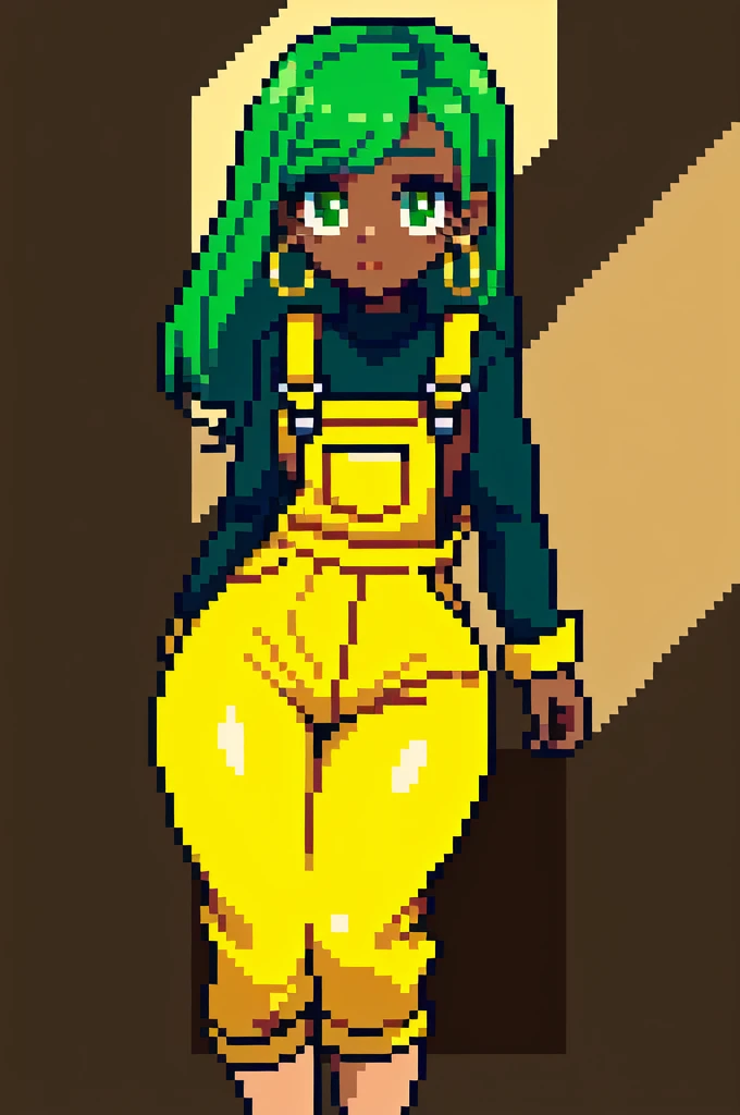 masterpiece, best quality,1girl, (( girl)), ((large round magical green eyes)), shiny skin, (thin waist), (long curlly green hair), ((curvy)), ((wide hips)), ((hoop earrings)), ((small size)) , ((( yellow overalls))), hot, soft natural lighting, reflections, bright illuminations, deep dark black skin, ((yellow outfit)), full body