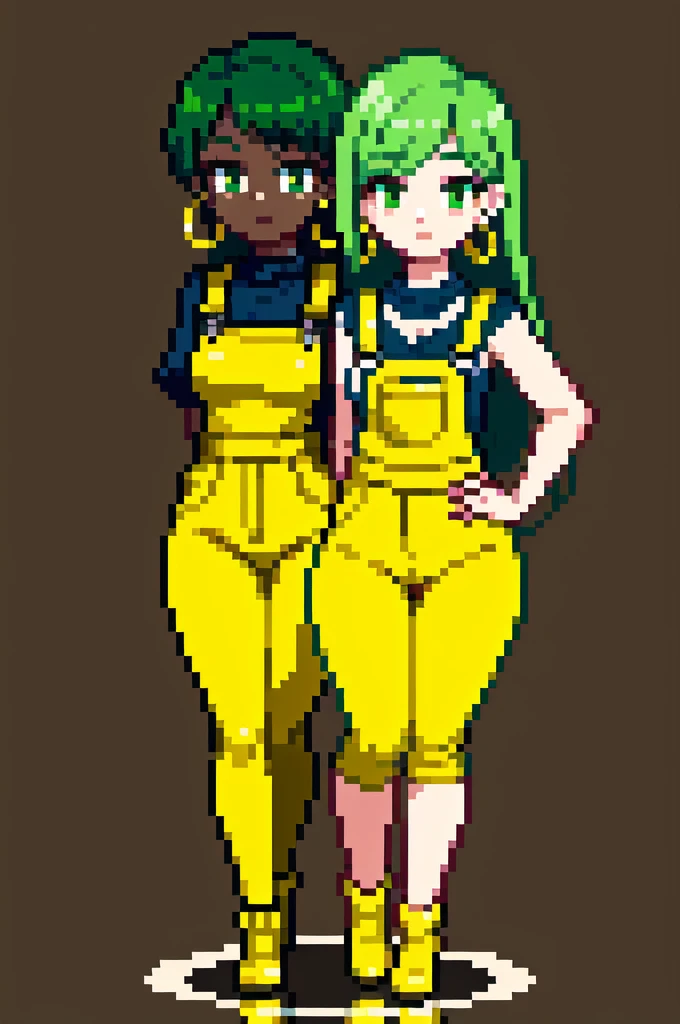 masterpiece, best quality,1girl, ((young girl)), ((large round magical green eyes)), shiny skin, (thin waist), (long curlly green hair), ((curvy)), ((wide hips)), ((hoop earrings)), ((small size)) , ((( yellow overalls))), hot, soft natural lighting, reflections, bright illuminations, deep dark black skin, ((yellow outfit)), full body