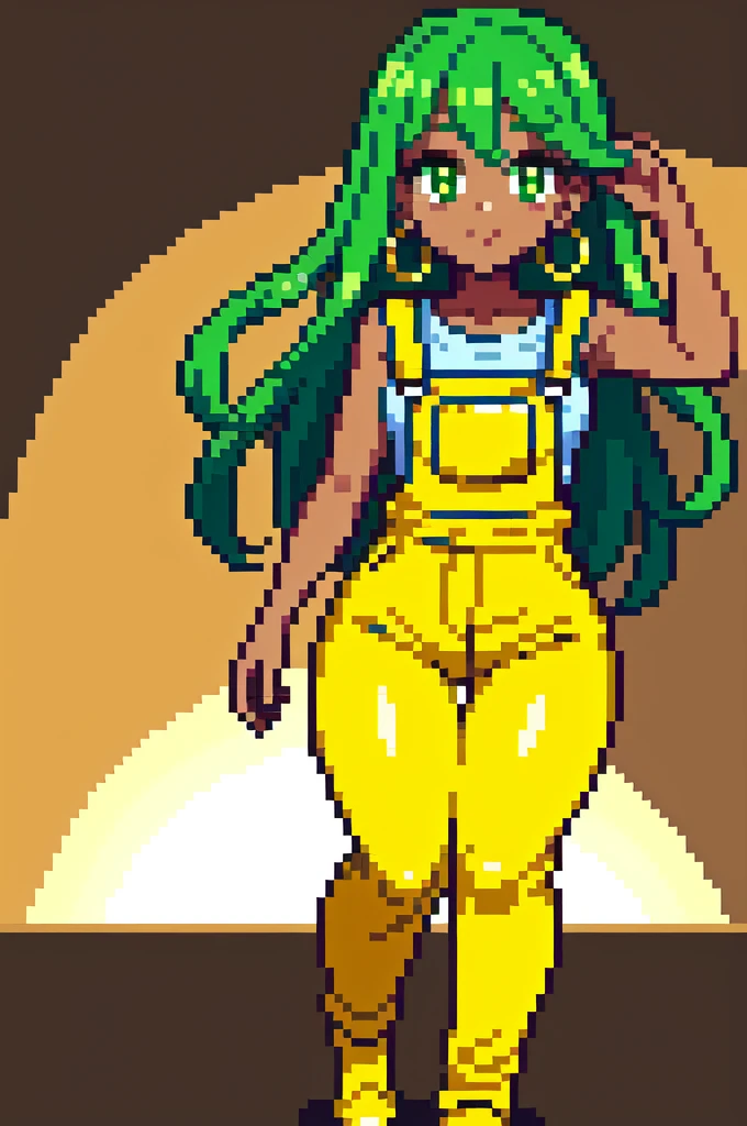 masterpiece, best quality,1girl, ((young girl)), ((large round magical green eyes)), shiny skin, (thin waist), (long curlly green hair), ((curvy)), ((wide hips)), ((hoop earrings)), ((small size)) , ((( yellow overalls))), hot, soft natural lighting, reflections, bright illuminations, deep dark black skin, ((yellow outfit)), full body