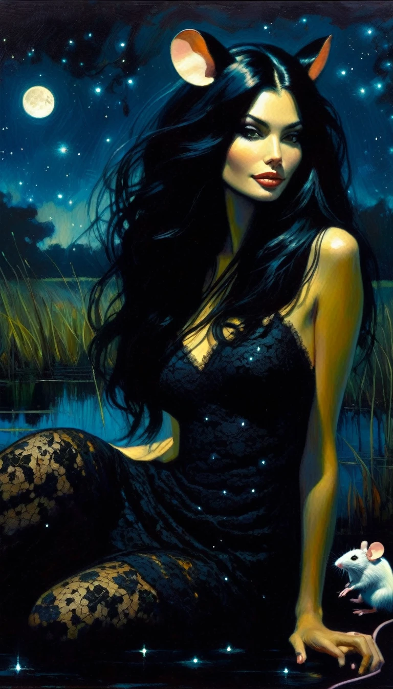 Very attractive girl with long black hair, rests by a dark swamp, with two mice next to her, friendly, magical, fantastic mice, sexy black lace dress, night sky, moon, stars, background (art inspired by Bill Sienkiewicz ). oil painting)