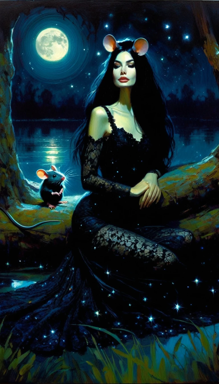 Very attractive girl with long black hair, rests by a dark swamp, with two mice next to her, friendly, magical, fantastic mice, sexy black lace dress, night sky, moon, stars, background (art inspired by Bill Sienkiewicz ). oil painting)