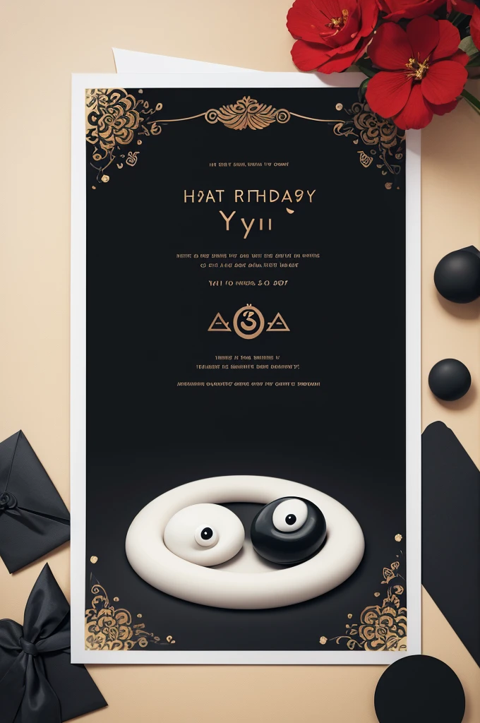 A birthday invitation with yin yang in the background 

