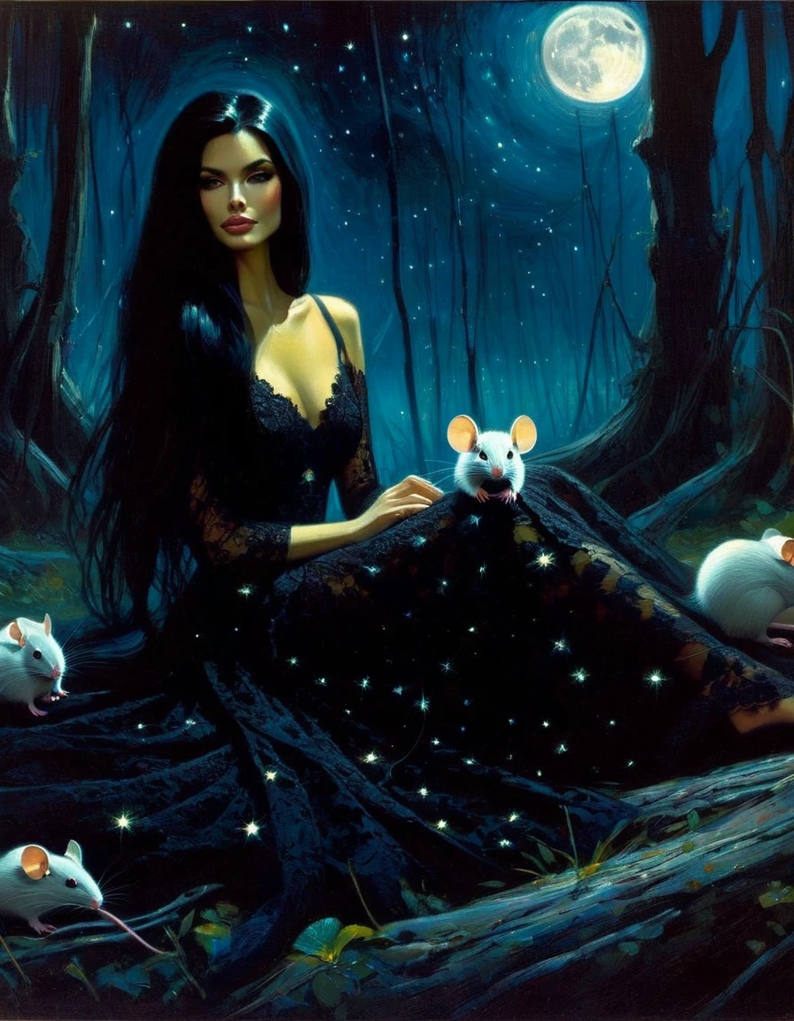 Very attractive girl with long black hair, rests by a dark swamp, with two mice next to her, friendly, magical, fantastic mice, sexy black lace dress, night sky, moon, stars, background (art inspired by Bill Sienkiewicz ). oil painting)