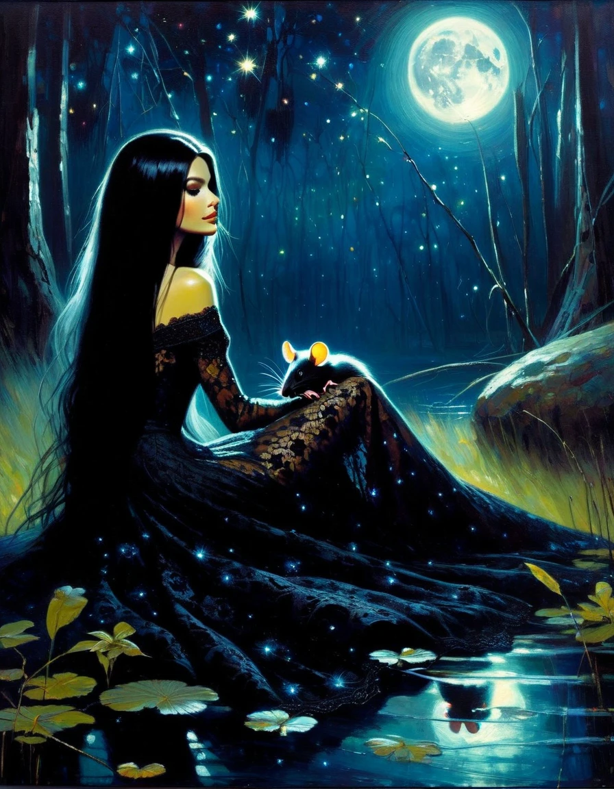 Very attractive girl with long black hair, rests by a dark swamp, with two mice next to her, friendly, magical, fantastic mice, sexy black lace dress, night sky, moon, stars, background (art inspired by Bill Sienkiewicz ). oil painting)