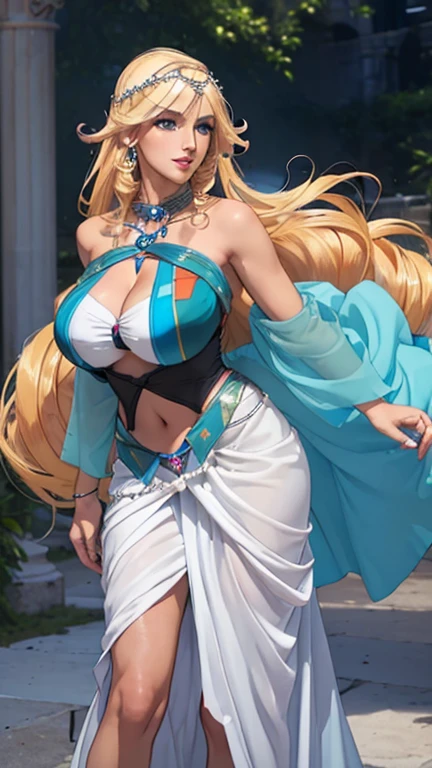 (best qualityer, ultra detali, photorrealistic:1.37), bright and vibrant colors, studio lighting, ssmile, stylish make up, long blonde hair flowing in the wind, Eyes seductive, Glossy lips, pose sexy, Breasts huge, tight greek goddess dress, ((arms behind the back))