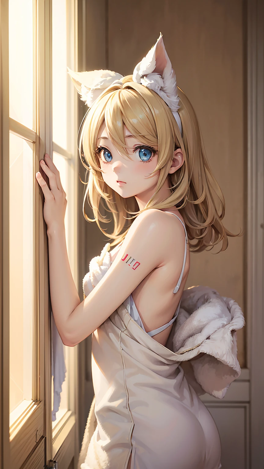 ((masterpiece)), (((best quality))), ((ultra-detailed)), ((illustration)), ((disheveled hair)), Kagamine Rin, ((beautiful eyes)), towel, (((beautiful light))), 