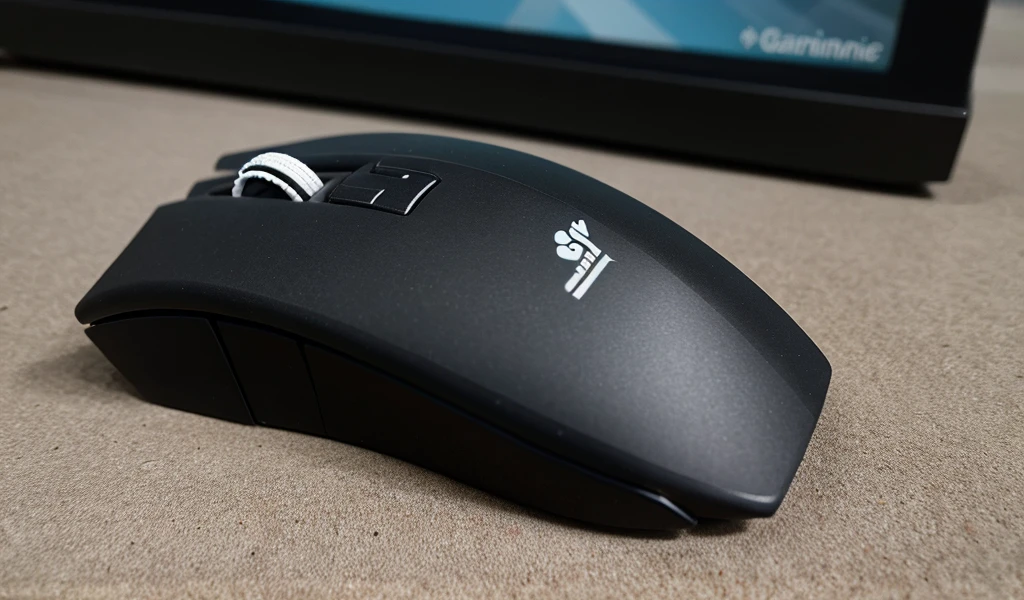 photo d'une souris d'ordinateur gaming avec des grips blanc est un fond noir qui recouvre tout le 2 plan