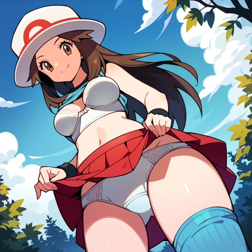 score_9, score_8_up, score_7_up, score_6_up, best quality, source_anime, cel shading, flat color, vector, detailed background, blue background, clouds, trees, forest, BREAK 1girl, solo, leaf_(\pokemon\), brown hair, long hair, brown eyes, white hat, blue sleeveless shirt, red skirt, blue socks,, wristbands, medium breasts, cowboy shot, looking at viewer, smile, ((skirt lift, white panties, shirt lift, white bra, middriff)) ((seen from below, dynamic angle))