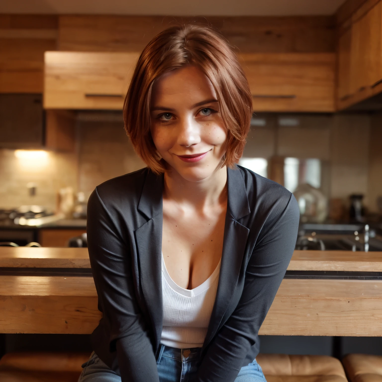 (perfect lighting, perfect perspective, 8k raw,Russian girl, Russian traits, natural red hair,1girl, beautiful jaw, high detailed, perfect , realistic, 8k raw,face detailed, Red hair, gazing at viewer, jewelry, (bangss) freckles (blue colored eyes) shorth hair, fully body, short hair style, short red hair style) Tokyo, black pants, black blazer, sunset, smiling,