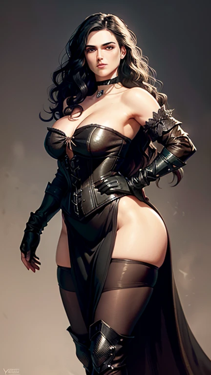 (Katie McGrath face), realistic face, Generate an illustration of a young (Yennefer of Vengerberg), of Witcher 3, correct head to body proportion, hair combed to sides, layered haircut, de terno preto, black long hair flows to her back, hair flows straight down, black hair, Ultrarealistic Bright Violet eyes, both eyes are similar, (big round poking breasts), low-cut deep cleavage, Ultrarealistic juicy round butt, swaying her hips, thick thighs, black Corset outfit in anime format with a serious style, ((black strapless dress)), Ruby black velvet choker, grey tights, black boots, gothic make up, masterpiece, ((dark lighting)), black background, puffy lips,slendered toned abs, beautiful face, grin on face