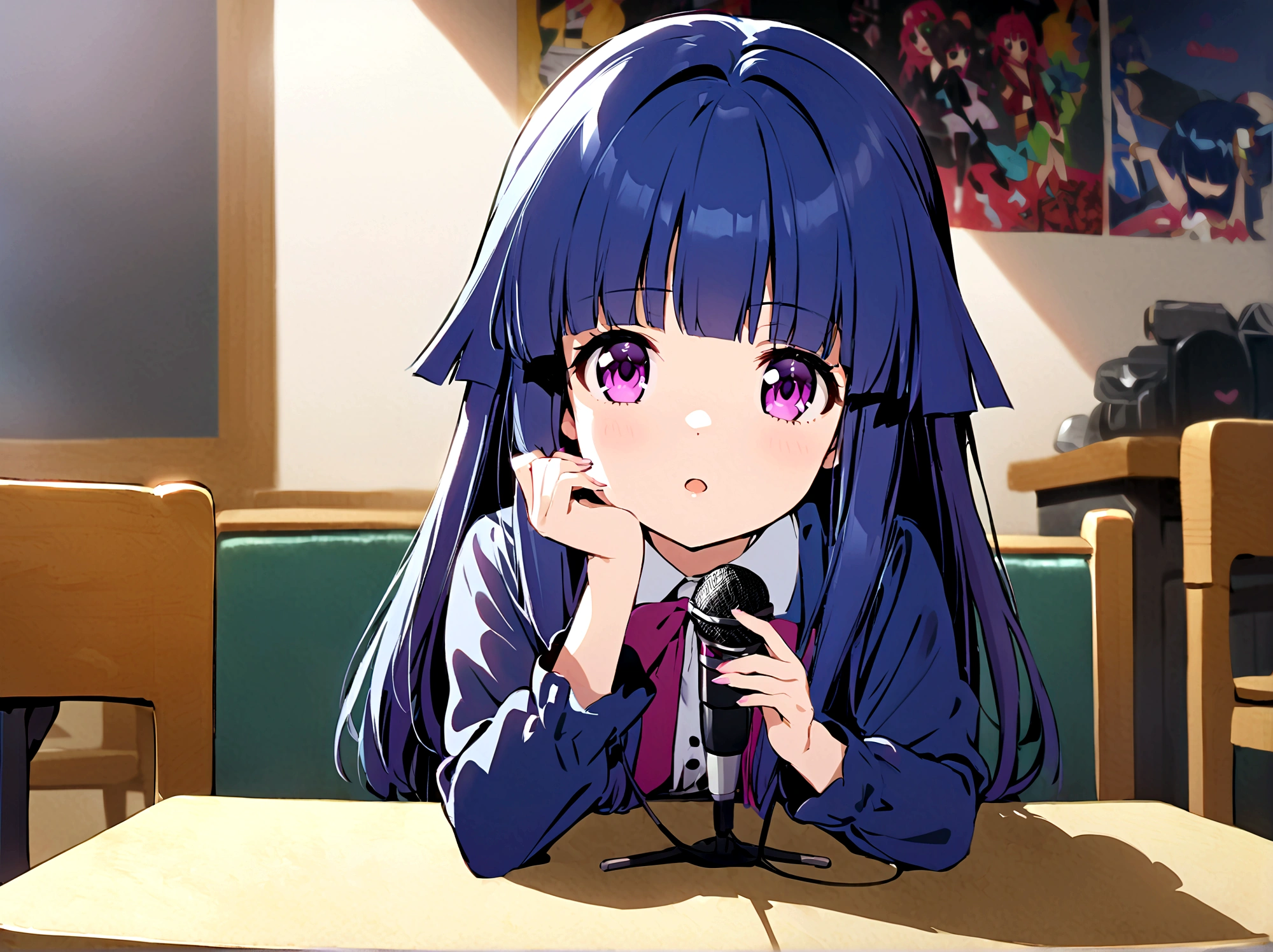 One Girl, alone, (furude rika), cute, Blue Hair, Purple eyes, Long Hair, blunt bangs, bangs, looking at viewer, shirt, long sleeves, sitting, indoors, blurry, blurry background, chair, table, microphone