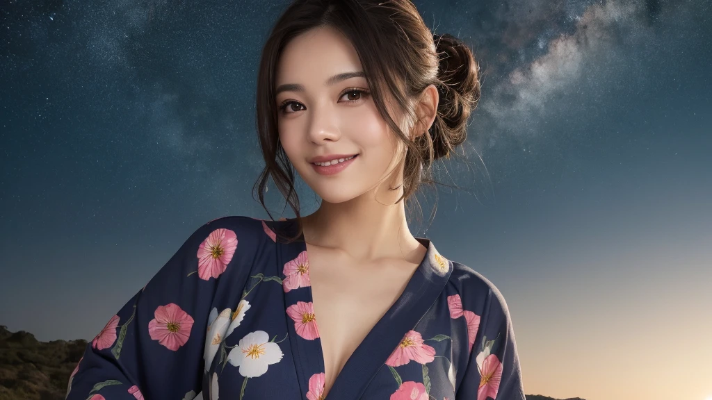 (1women), Updo hairstyle, (round eyes:1.2), (highly detailed face), (extremely detailed beautiful face), (smile happily), (floral pattern yukata), (Best Quality:1.4), (Ultra-detailed), extremely detailed CG unified 8k wallpaper, Realistic portrait, Beautiful detailed, High-definition raw color photos, professional photography, night sky, beautiful milky way, (fine face:1.2), focus on women, tanabata, 