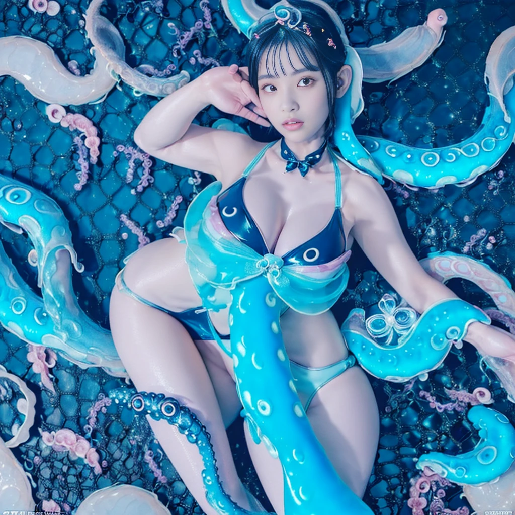 Highest quality，masterpiece，Very detailed, 8K，Beautiful Japan woman at 32 years old:1.5, Small face, Black Hair, (Detailed glamorous light blue and blue magical girl heroine tentacle swimsuit:1.5),　Very pleasant look、　Breast Augmentation Surgery, Very detailedな臭い脇の下