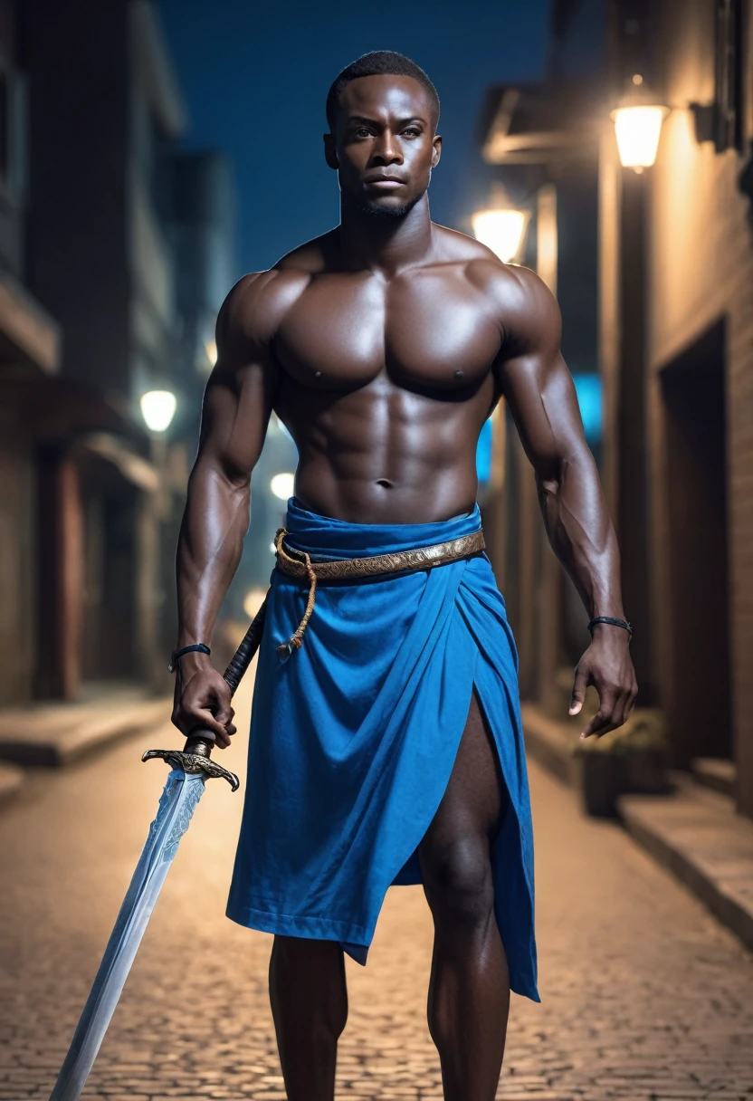 a muscular african male deity, ogum, handsome young warrior with iron sword, blue skirt, perfect anatomy, at night, realism, real person