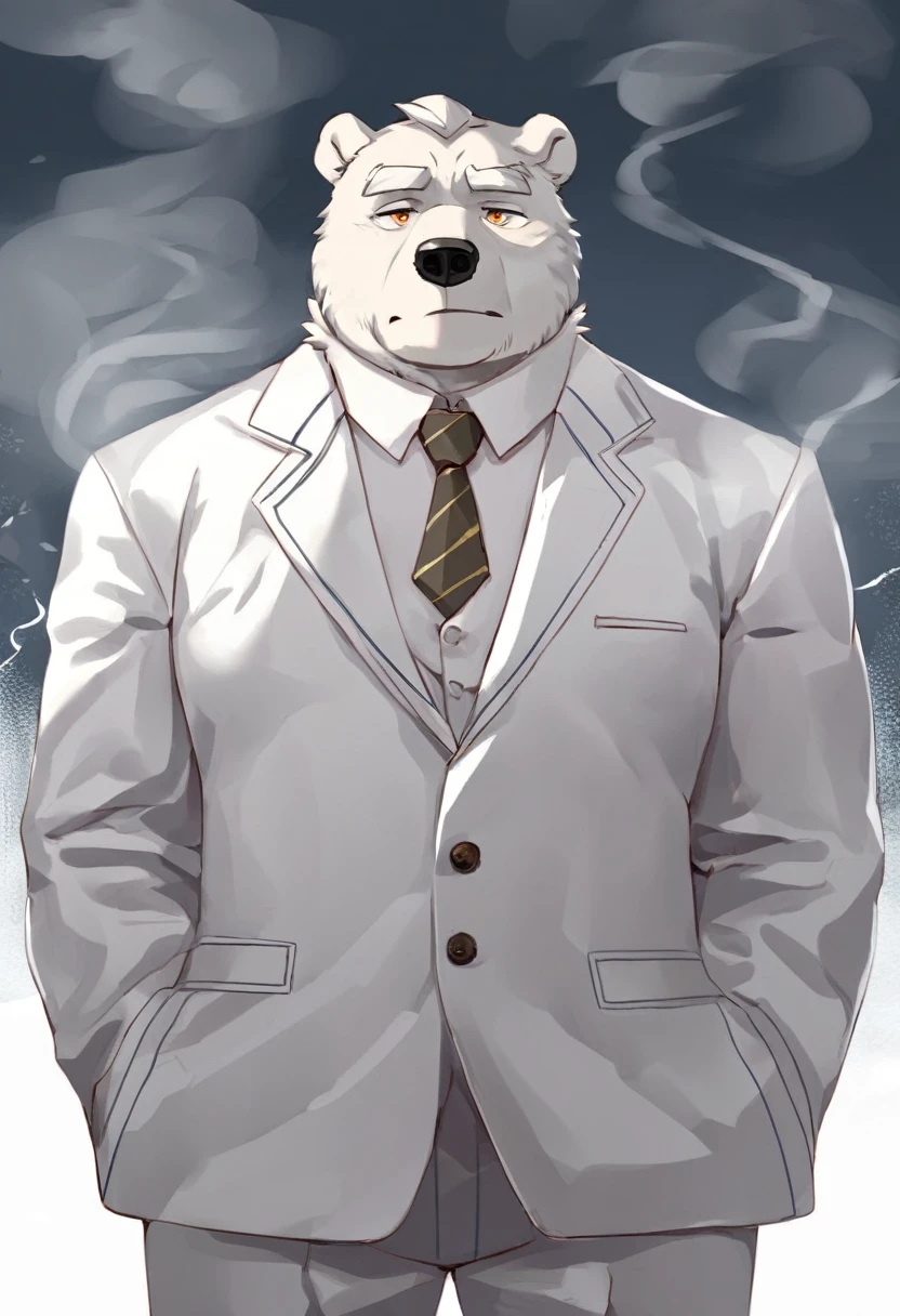 polar bear，personification，Mature male，Strong Man，White hair，naked，Cold expression，Golden pupils，Gray eyebrows，White suit suit，Hands in pockets，The Age of Steam。