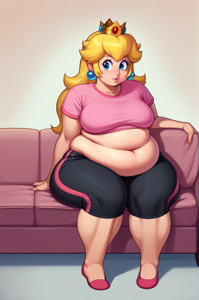 score_9, score_8_up, score_7_up, BREAK, 1girl, solo, princess peach, pink T-shirt, Black shorts, ((chubby body)), ((wide hips)), ((chubby belly)), sitting, couch, sitting on the couch, (legs spread), lean back, Full body, ((Fat))