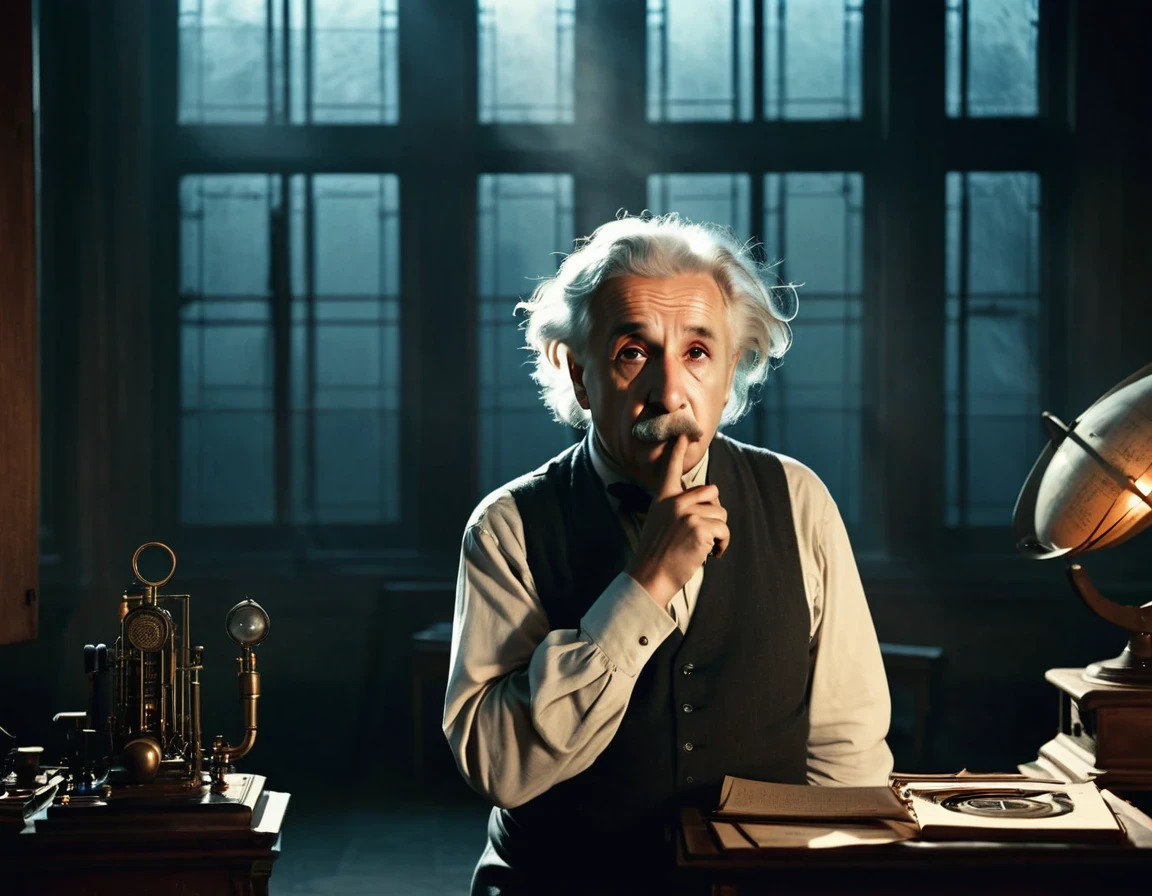 scientist Albert Einstein looking to the side with great anger, a rare moment of intense anger asking for silence with a finger in his mouth,, mysterious, against the backdrop of a dimly lit large hall with imposing and foreboding windows shrouded in fog, casting a mysterious and mystical environment, as if the shadows themselves were about to reveal a sinister secret, with a warm, muted color palette of burnt oranges, faded golds and dusty blues, evoking a sense of aged and forgotten knowledge, surrounded by scattered tomes and dusty and ancient scientific instruments, bathed in a warm, soft glow. vintage retrocore, daguerrotype,, photo, cinematic