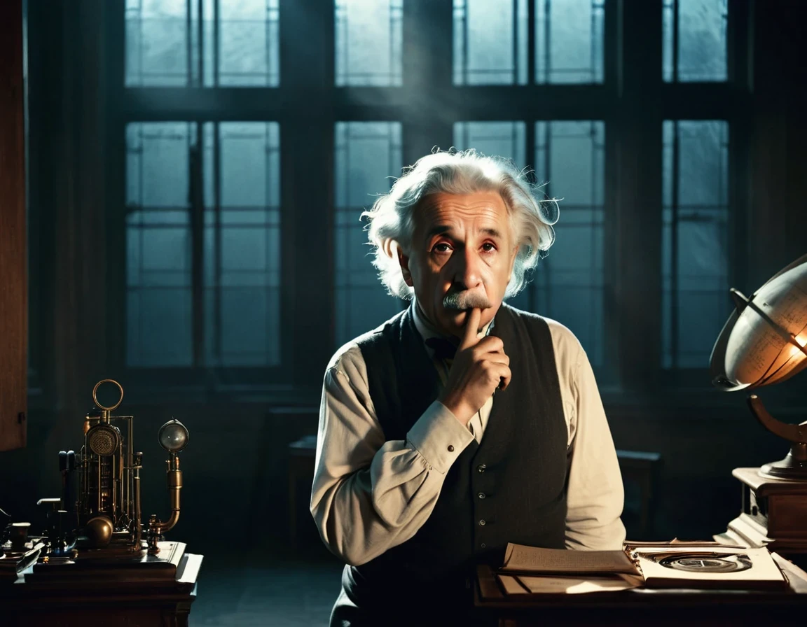 scientist Albert Einstein looking to the side with great anger, a rare moment of intense anger asking for silence with a finger in his mouth,, mysterious, against the backdrop of a dimly lit large hall with imposing and foreboding windows shrouded in fog, casting a mysterious and mystical environment, as if the shadows themselves were about to reveal a sinister secret, with a warm, muted color palette of burnt oranges, faded golds and dusty blues, evoking a sense of aged and forgotten knowledge, surrounded by scattered tomes and dusty and ancient scientific instruments, bathed in a warm, soft glow. vintage retrocore, daguerrotype,, photo, cinematic