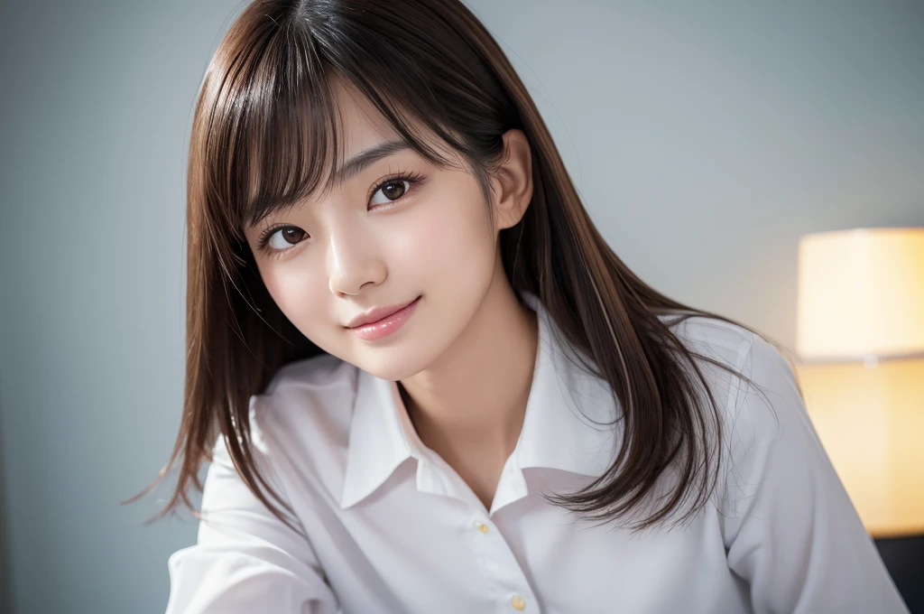 Beautiful Japanese Woman, Soft skin and a nice perfect face, A small face with a nose and rosy lips, Beautiful Eyes, Beautiful smile. black, Surrounded by a bright, ethereal glow、Thin, long, beautiful hair. A loose, medium hairstyle with gradation highlights and grey layers, Navy band collar shirt x yellow houndstooth flare skirt, Bright neon colorful background, Hyperrealistic female photos, High quality high resolution 8K masterpiece