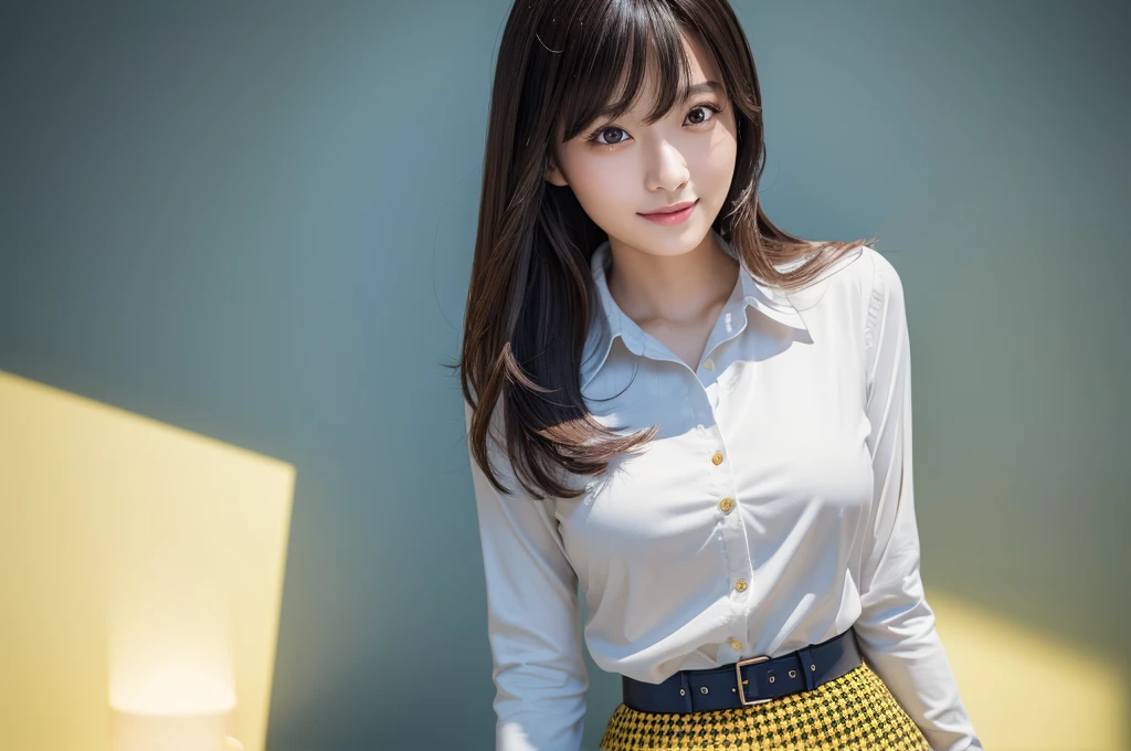 Beautiful Japanese Woman, Soft skin and a nice perfect face, A small face with a nose and rosy lips, Beautiful Eyes, Beautiful smile. black, Surrounded by a bright, ethereal glow、Thin, long, beautiful hair. A loose, medium hairstyle with gradation highlights and grey layers, Navy band collar shirt x yellow houndstooth flare skirt, Bright neon colorful background, Hyperrealistic female photos, High quality high resolution 8K masterpiece