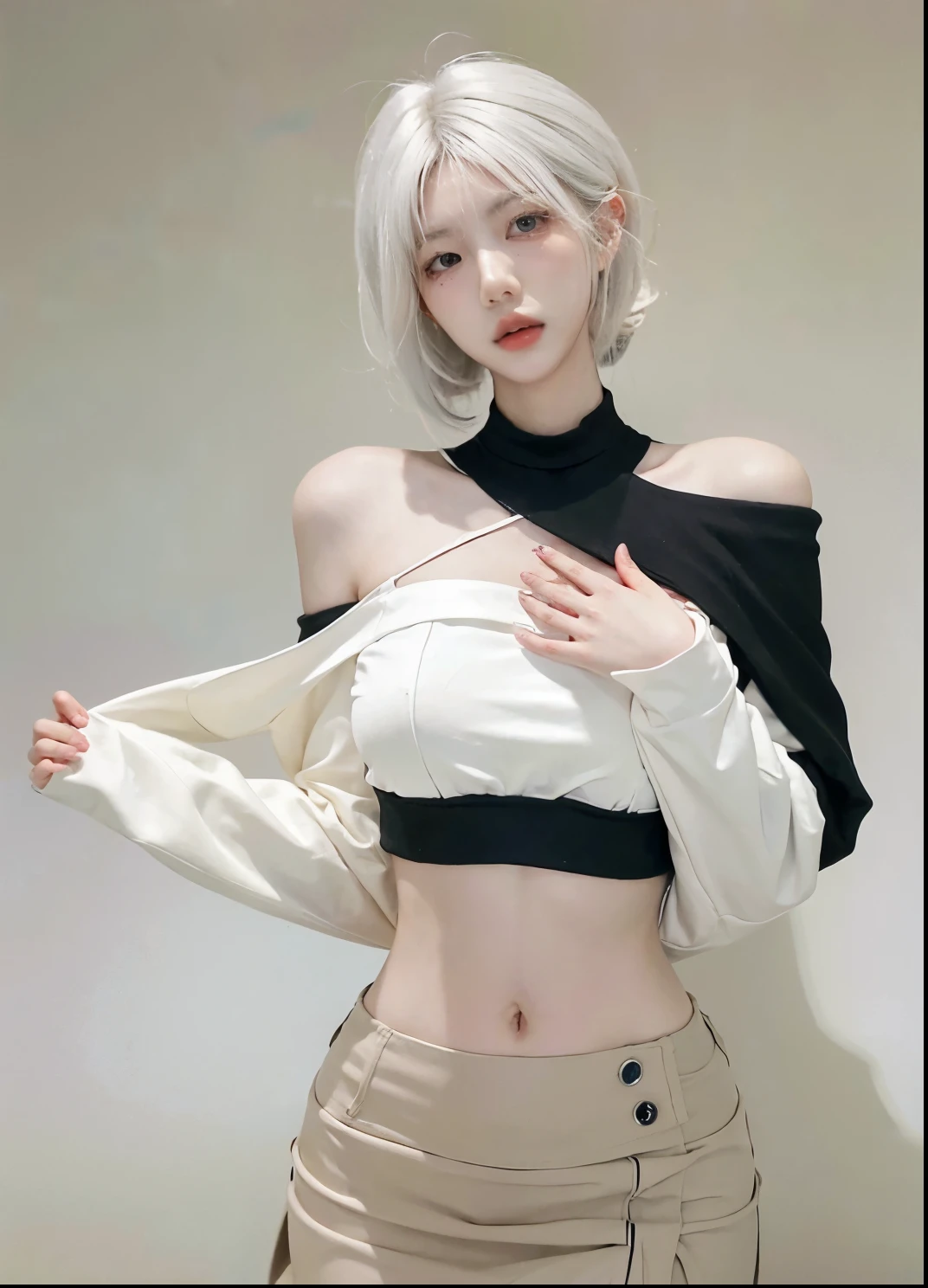 Beautiful woman with perfect figure:1.4,Ultra-high resolution,Put your hands behind your back,White background,(Realism:1.4),Layered hairstyle,White skin,JK:1.5,Super short pleated skirt,whole body:1.4,Very delicate and skin texture,Double eyelids,Skin Whitening,Long hair,White hair