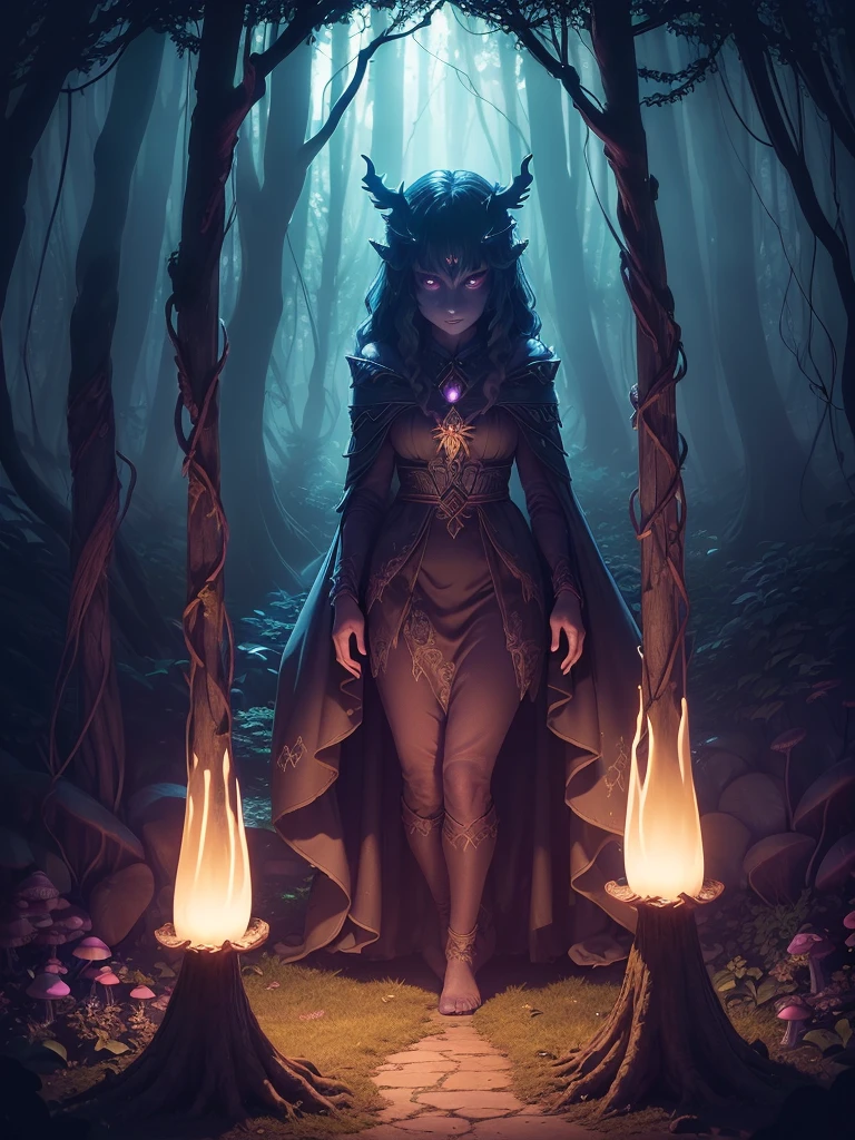 ((best quality)), ((masterpiece)), (detailed), (Mystical forest:1.4), ((Enchanted grove with towering ancient trees)and(Glowing mushrooms carpet the forest floor) and (Trickling streams weave through the foliage)), ethereal, mysterious artefact mystical and feom nowhere, mesmerizing and captivating, moonlit night background, softly illuminated fireflies dancing in the air, (dense foliage with hanging vines:1.3)
Fantasy, magic /= (Mysterious creature lurking in the shadows:1.5), (solitary), (Wide angle lens), (front), glowing eyes, (partial body), (claws extended), (shrouded in darkness), the creature facing camera, Eerie Aura, mystical aura, full energy, lot of colours féérie, céleste, unknown mysterious creature come from nowhere, fantasy costume, hard artefact, demon